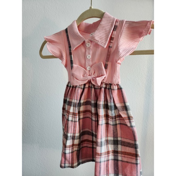 Pink Plaid Baby Girl Dress Collared Bow Short Sleeve 18-24 Months - Picture 1 of 3